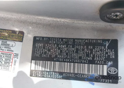 2007 Toyota Camry Ce from USA, damaged, VIN 4T1BE46K47U667842